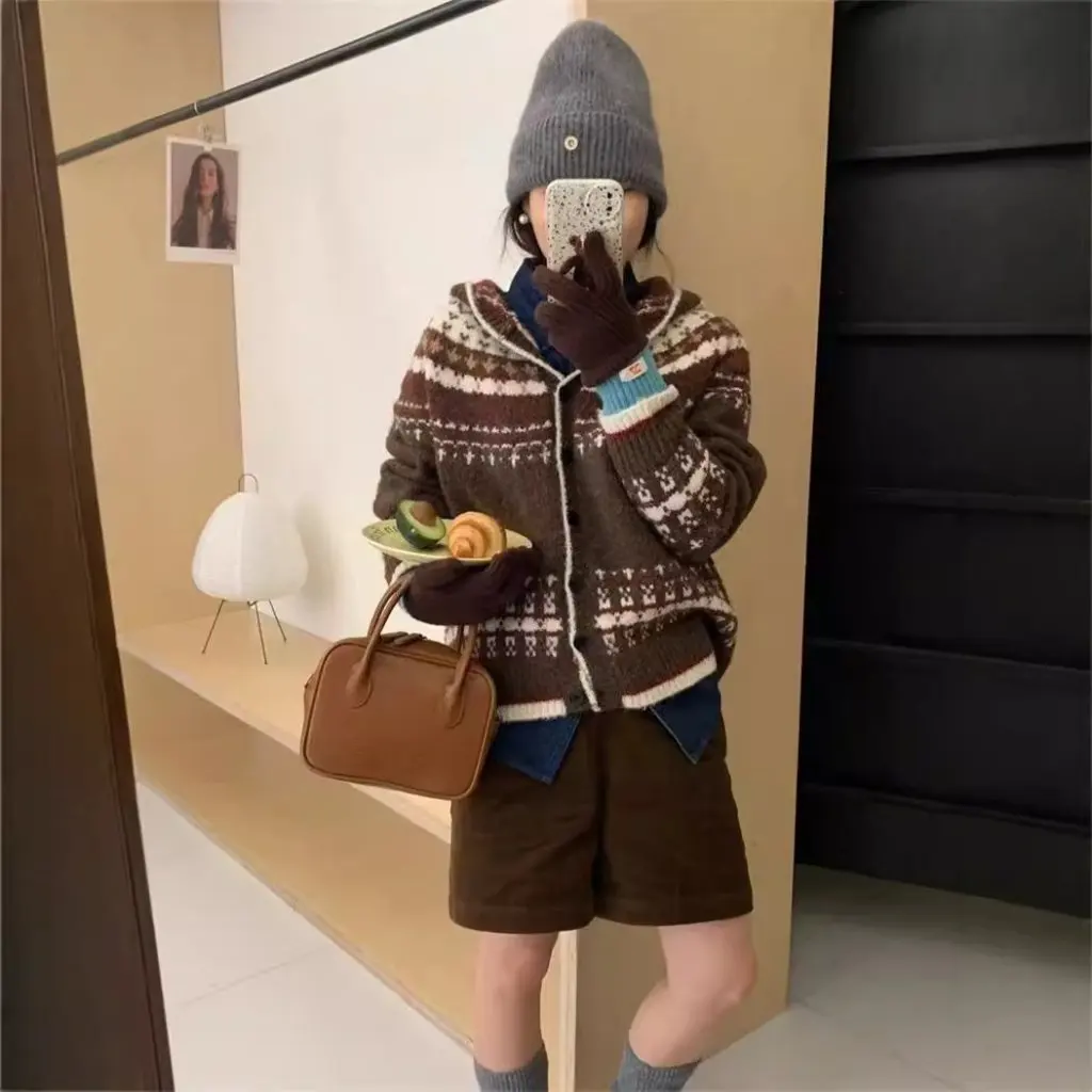 

Women's Japanese Style Vintage Jacquard Hooded Cardigan Loose Fit Single Breasted Design Autumn Winter Knitted Sweater Coat