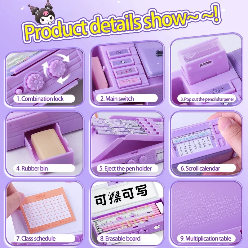 Sanrio Multifunction Stationery Box Kuromi Pencil Box Large Capacity Coded Lock Students' Supply Children New Term Gift Genuine