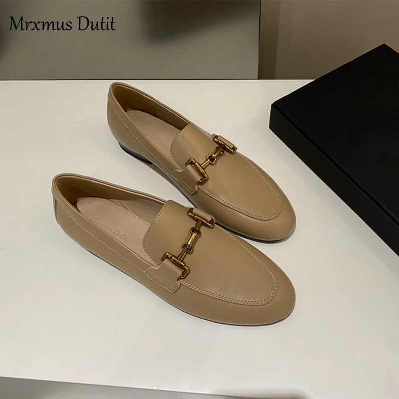 Mrxmus Dutit 2024 Spring Fashion Women New Genuine Leather Flats Shoes Metal Buckle Decoration Casual Simple Loafers Female Chic