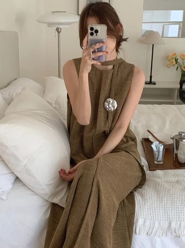 

Ele Vintage Svel Long Dr with Slit And Belt Fastening Chic Vest Sle Casual Summer Faion Women's Dr