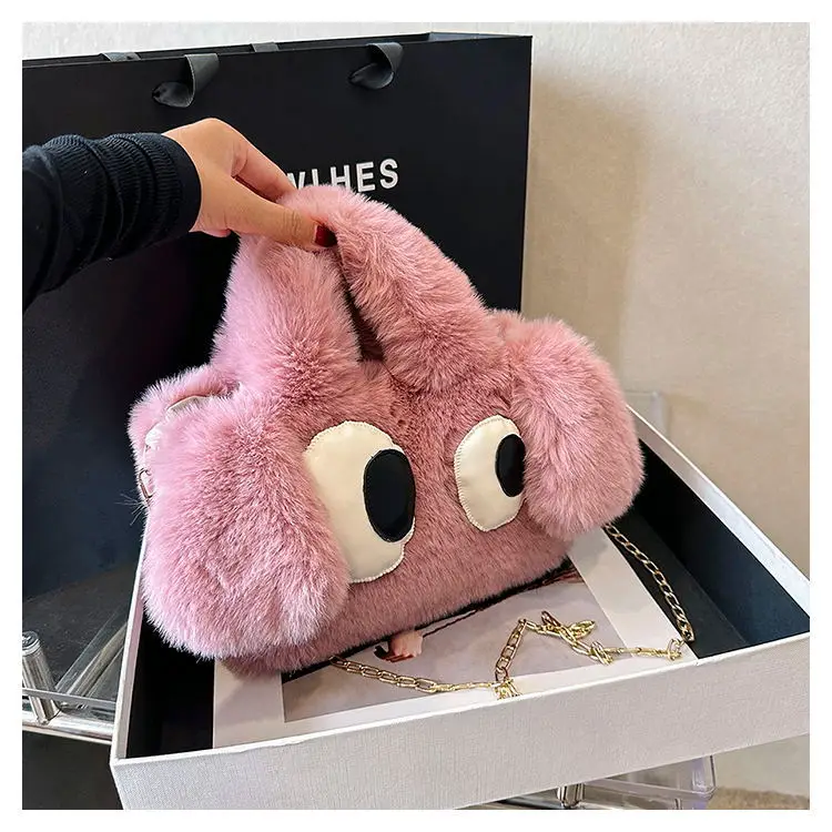 Winter Faux Fur Women\'s Small Shoulder Bags Cute Cartoon Dog Soft Plush Female Messenger Bag Girls Fluffy Tote Handbags Purse