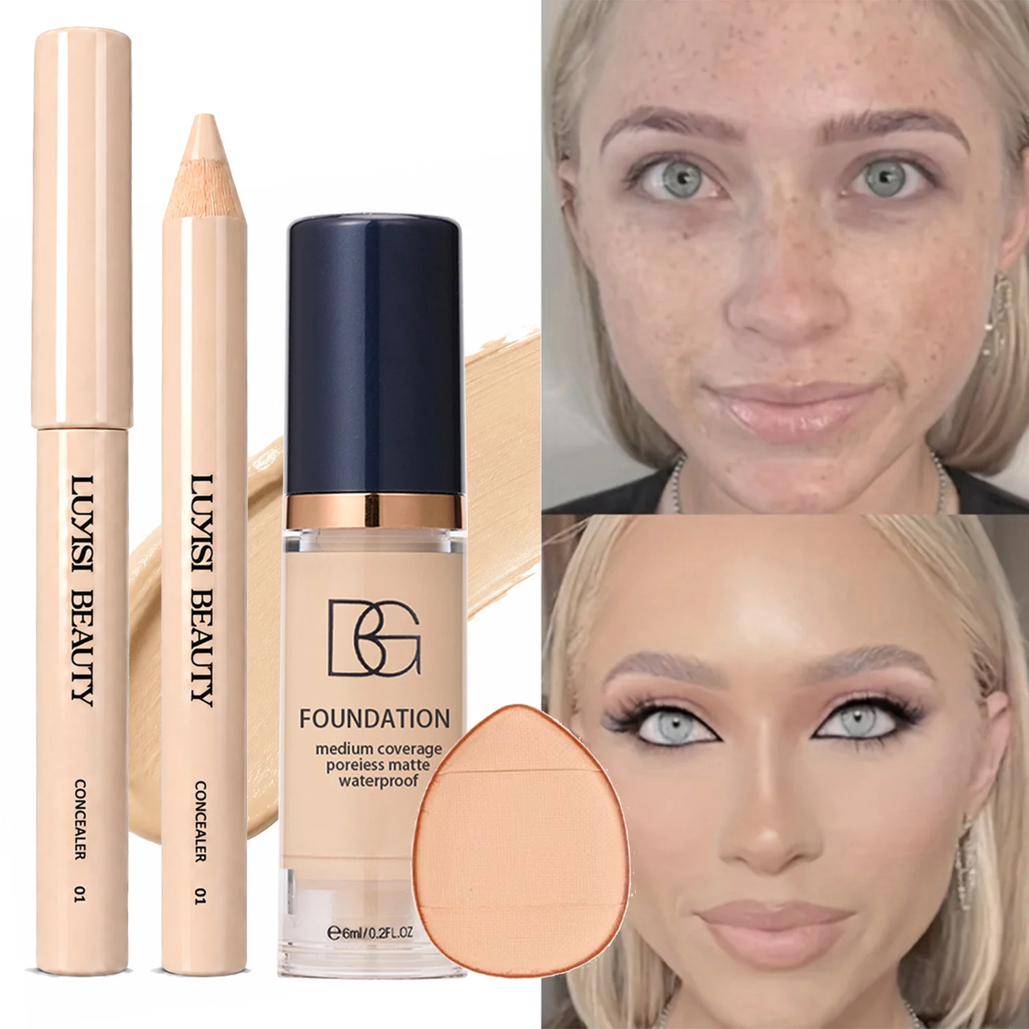3pcs Facial Makeup Set:1PC Concealer Pen+1PC Liquid Foundation+1PC Puff,Flawless Base Makeup Kit,Waterproof Long-Lasting,Natural