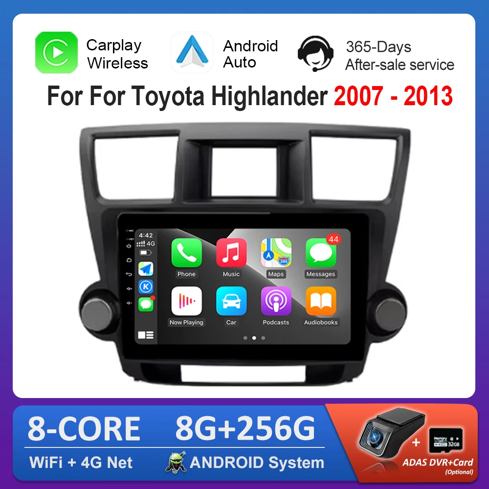 Navigation GPS Car Video Multimedia Player for Toyota Highlander 2007 - 2013 WiFi BT Android OS 4G Carplay Auto Tools DSP Stereo