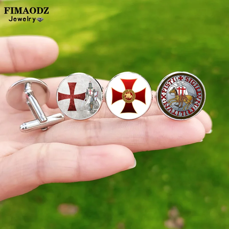 Retro Knights Templar Cufflinks High Quality Glass Dome Red Cross Masonic Pattern Exquisite Mens Cuff Links Buttons