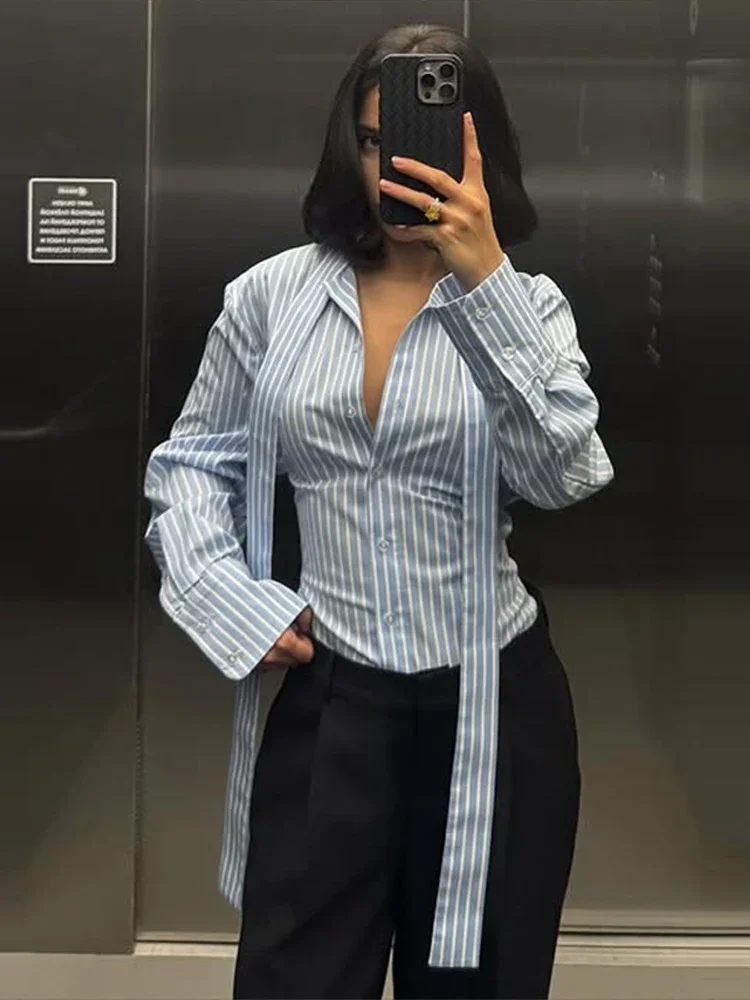 

Women Shirt Plaid Backless Lace Up Turn Down Collar Long Sleeve Chic Street Spring Top for Women