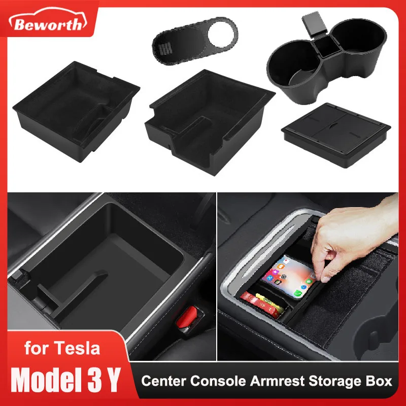 Boîte de rangement de Console centrale pour Tesla modèle 3 2023 modèle Y 2020 – 2024, accoudoir de voiture caché, organisateur avant et arrière, couche de flocage coulissante
