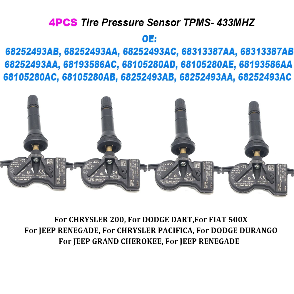

4PCS 68313387AB 68252493AB 68193586AA 68105280AA Tire Pressure Sensor TPMS 433MHz For Jeep Compass /Grand Cherokee /Renegade