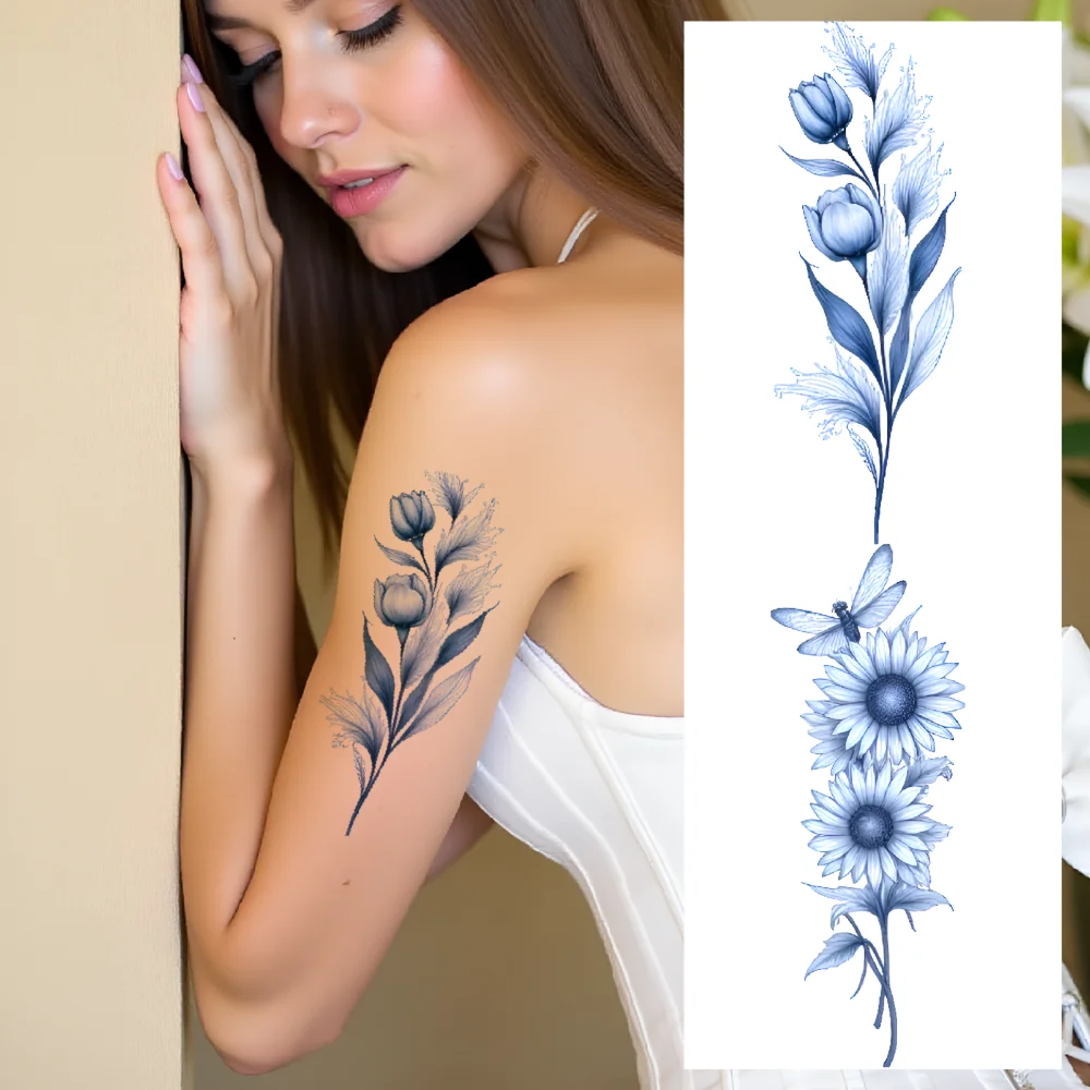 

12pcs Temporary Tattoo Flower Designs Blue Line Floral Tattoos Temporary Tattoo Stickers For Ladies Thighs Shoulders