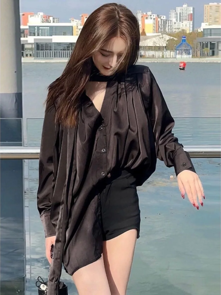 

Elegant Black V-Neck Sash Shirt Long Sleeve Midi Length Design Commute Style Polyester Fabric Women's Premium Feel New Autumn...