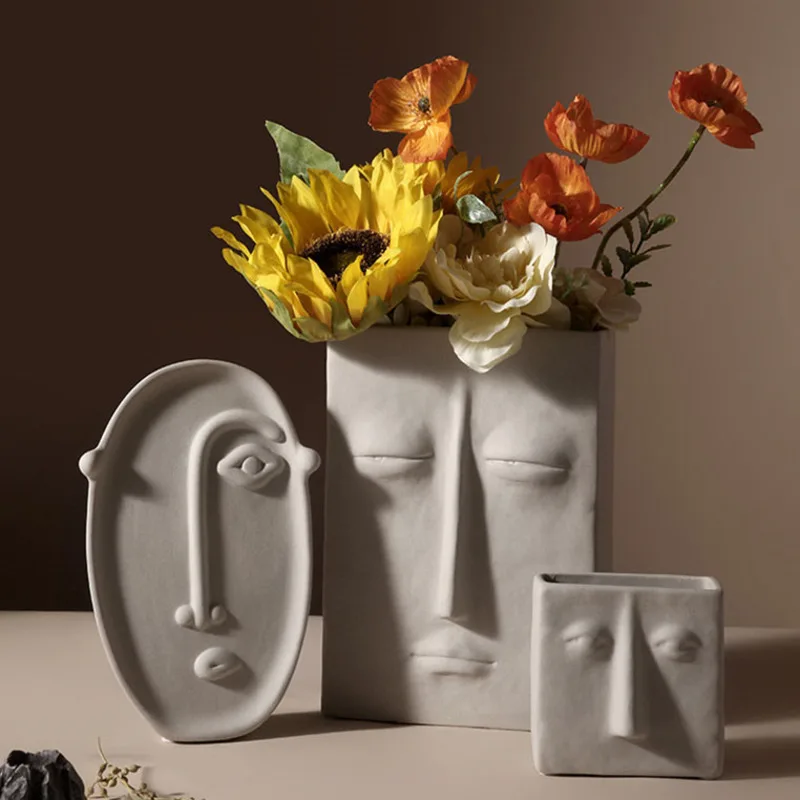 Nordic Ins Home Decor Ceramic Vase For Flowers Human Face Design Decoration Luxury Pot Dried Flower White