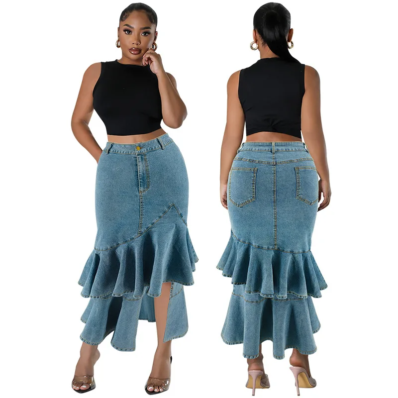 Ruffles Women Denim Skirts High Waist Zipper Fly Midi Dress 2024 Autumn Fashion Streetwear Elegant Office Lady Outfits Vestidos