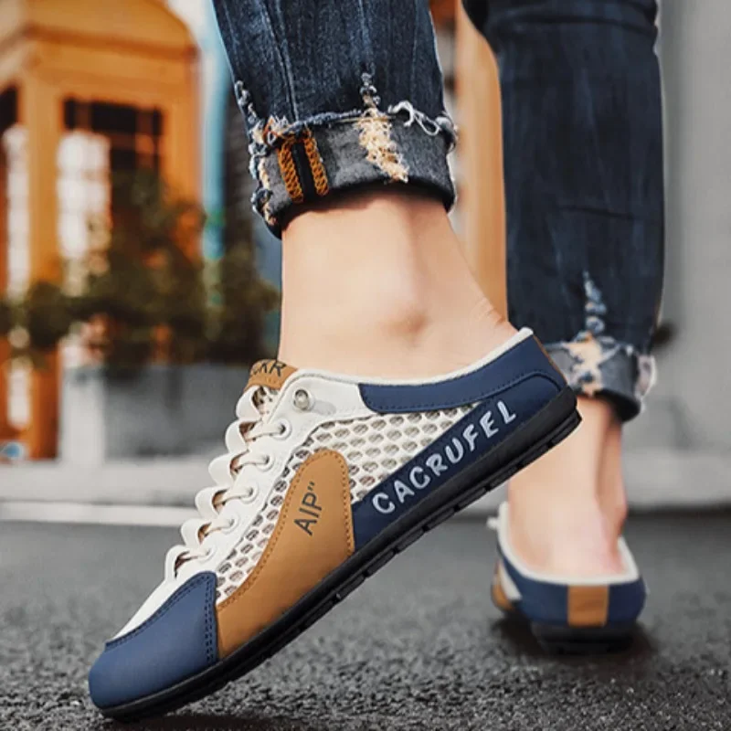 Men's Half Slippers Fashion Outdoor Casual Shoes for Men Walking Flats Soft Sole Support Slipper Mesh Breathable Slip-On Loafers image 4