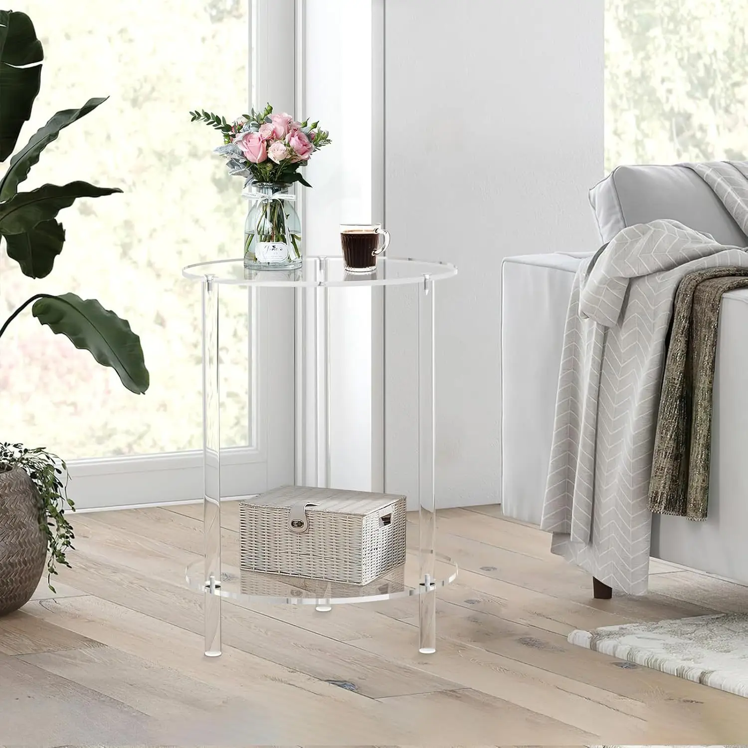 %Acrylic Transparent Tea Table Sofa Side Table 2-tier Coffee Table Oval End Bedside Cabinet Nightstand for Living Room Bedroom