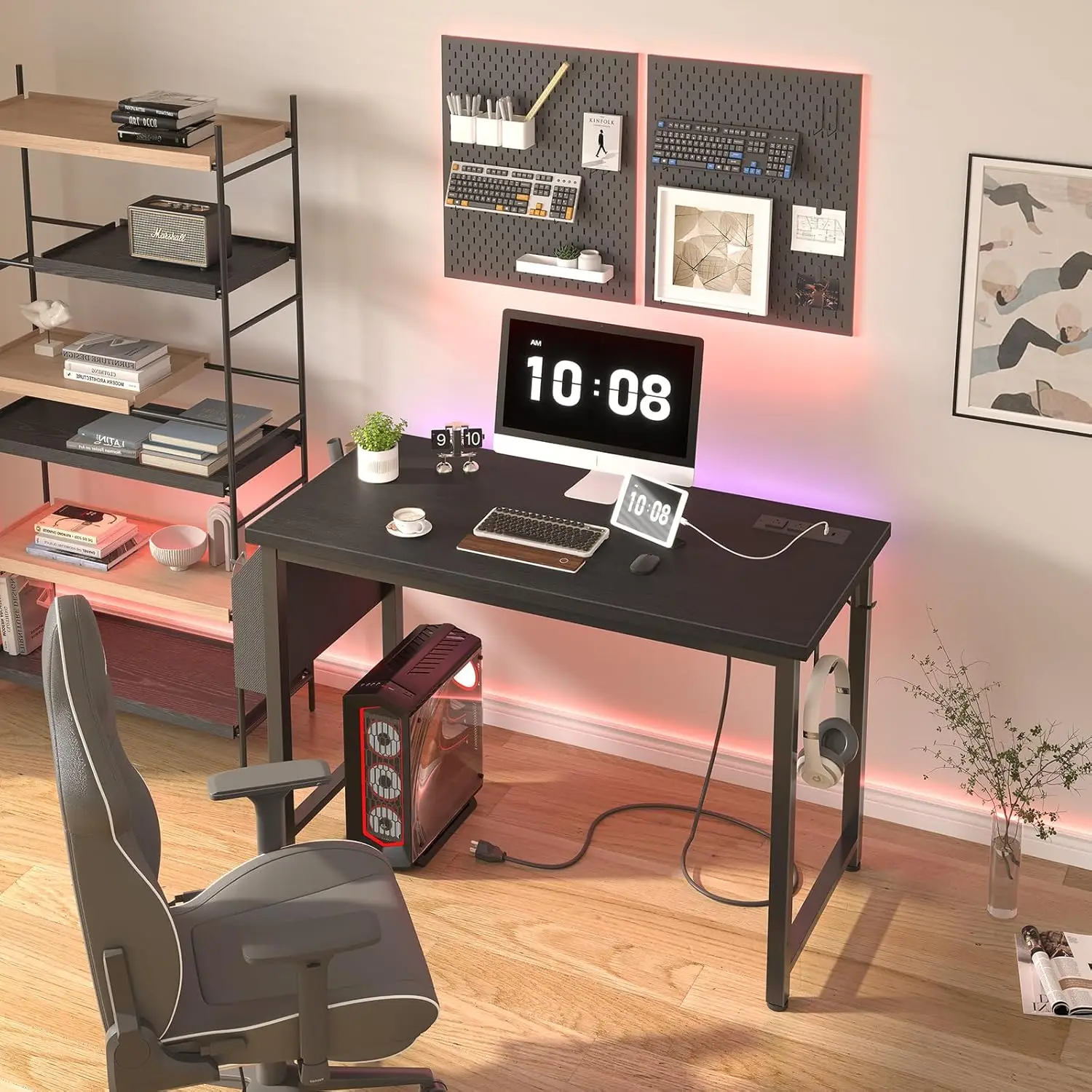 

40 inch Teen Study Table Home Office Work Writing Desks with Charging Station Outlets Built in, Black