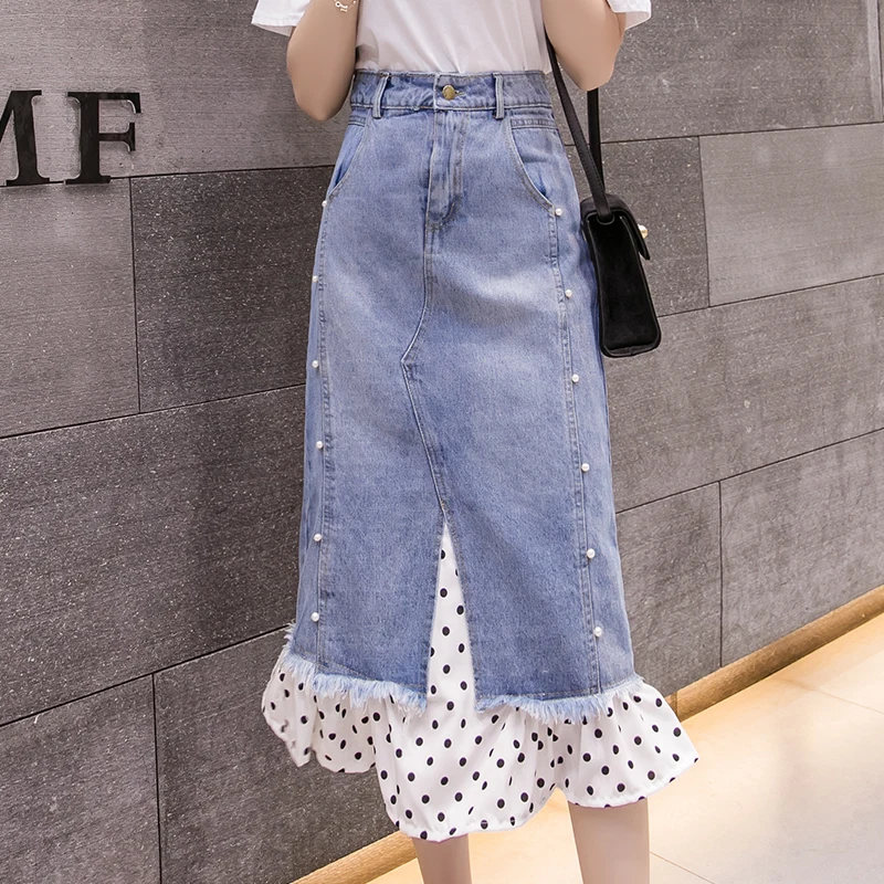 

Ladies Fashion Sexy Splicing Irregular Woman Skirts Women Clothes Girls Medium-long Jean Skirt Casual Female Denim Skirt B9808