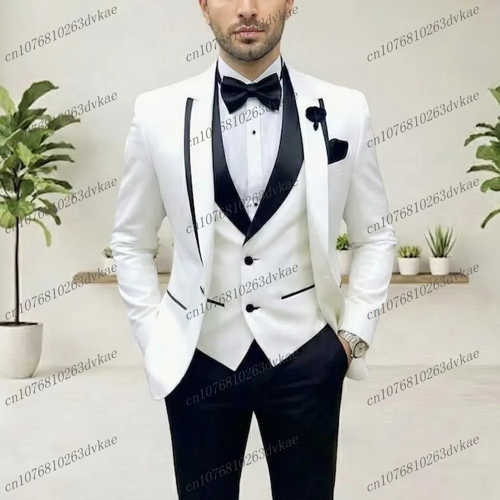 

White Black Acetate Satin Formal Business Men Suit Groom Groomsman Wedding Party Prom Male Tuxedos 3 Piece Set Blazer Vest Pants