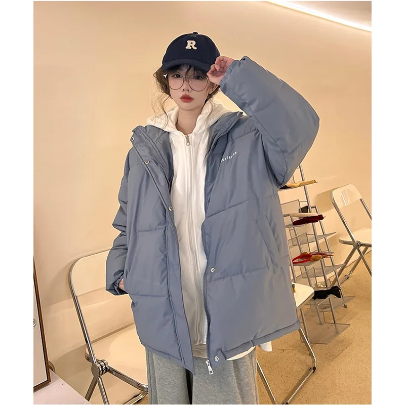 Blue Fake Two-Piece Hooded Bread Coat Winter New College Style Warm Thick Coat Casual Loose Female Down Jacket Comfortable Coat