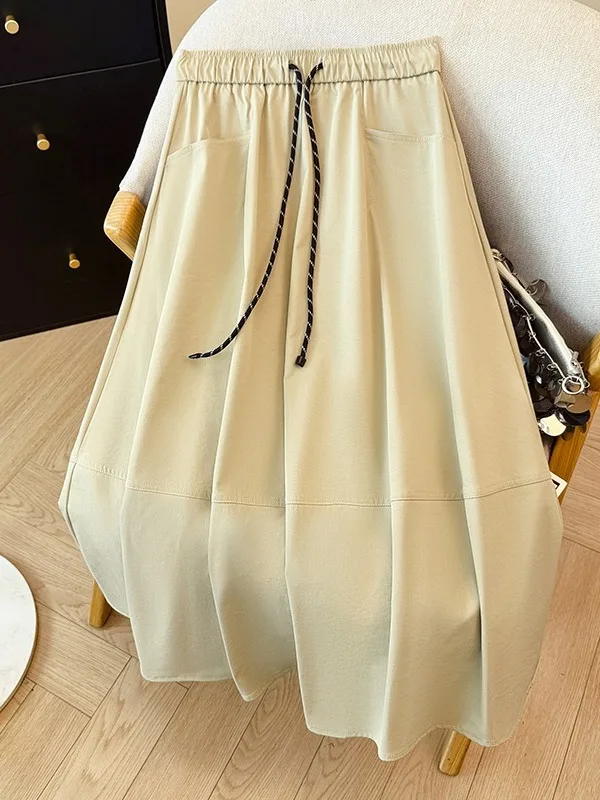 Simple Fashion Cotton Bloom Half Skirt Women's Summer Large Size Loose Waist Rope Tie Casual A-Line Skirt