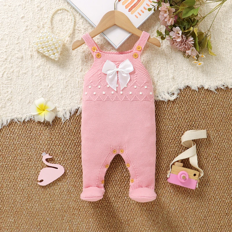 Baby Rompers Sleeveless One Piece Knit Newborn Infant Girls Strap Jumpsuits Outfits 0-1Y Pink Toddler Bowknot Playsuits Clothing