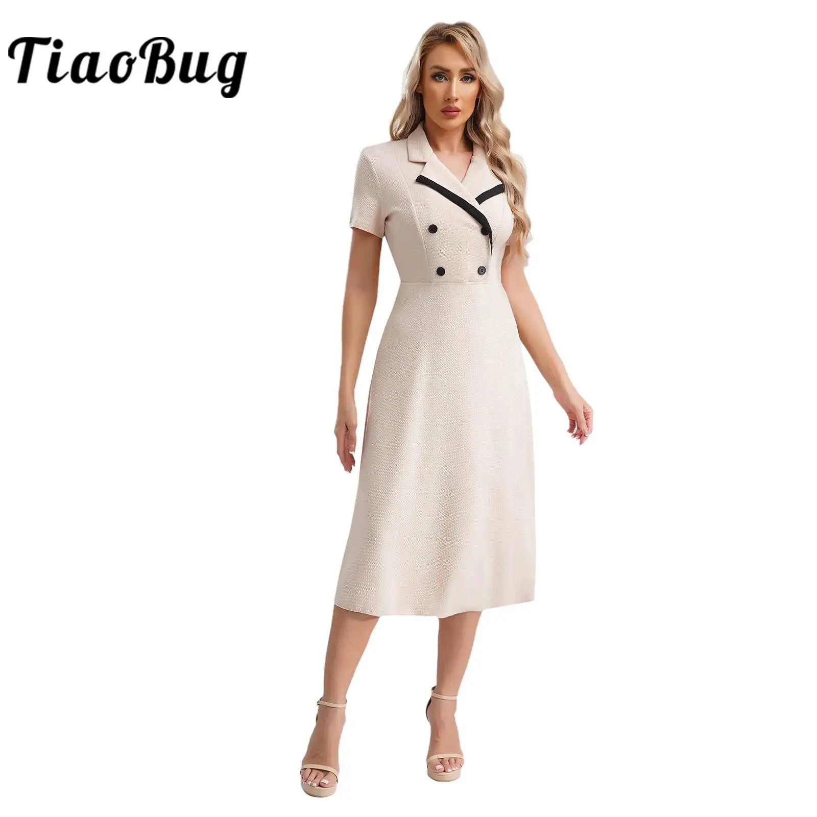 

Womens Elegant Dress Notch Lapel Double-breasted Short Sleeve A-line Dress Midi Dress for Holiday Formal Party Evening