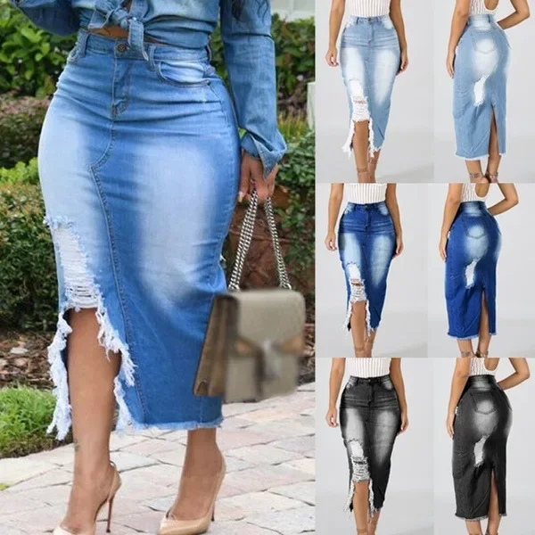 Denim Washed Ripped Hole Skirts Solid Zipper Fly Spliced Distressed Ankle Length Women Skirt Slim High Street Wrap Buttocks