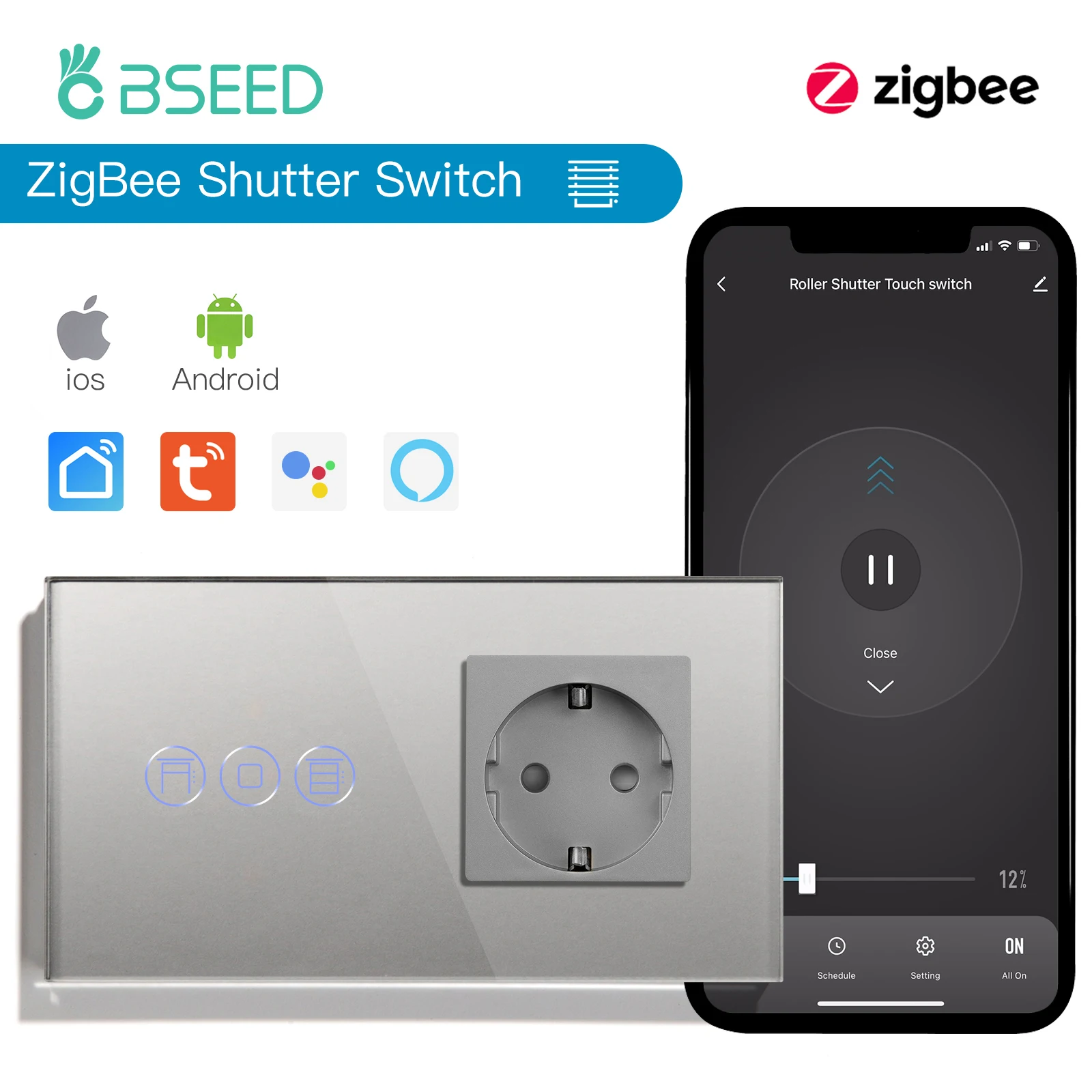 

Умный выключатель затвора BSEED ZigBee, умная настенная розетка на колесиках с сенсорным выключателем, обычной зарядкой через USB, управлением через приложение Google Alexa