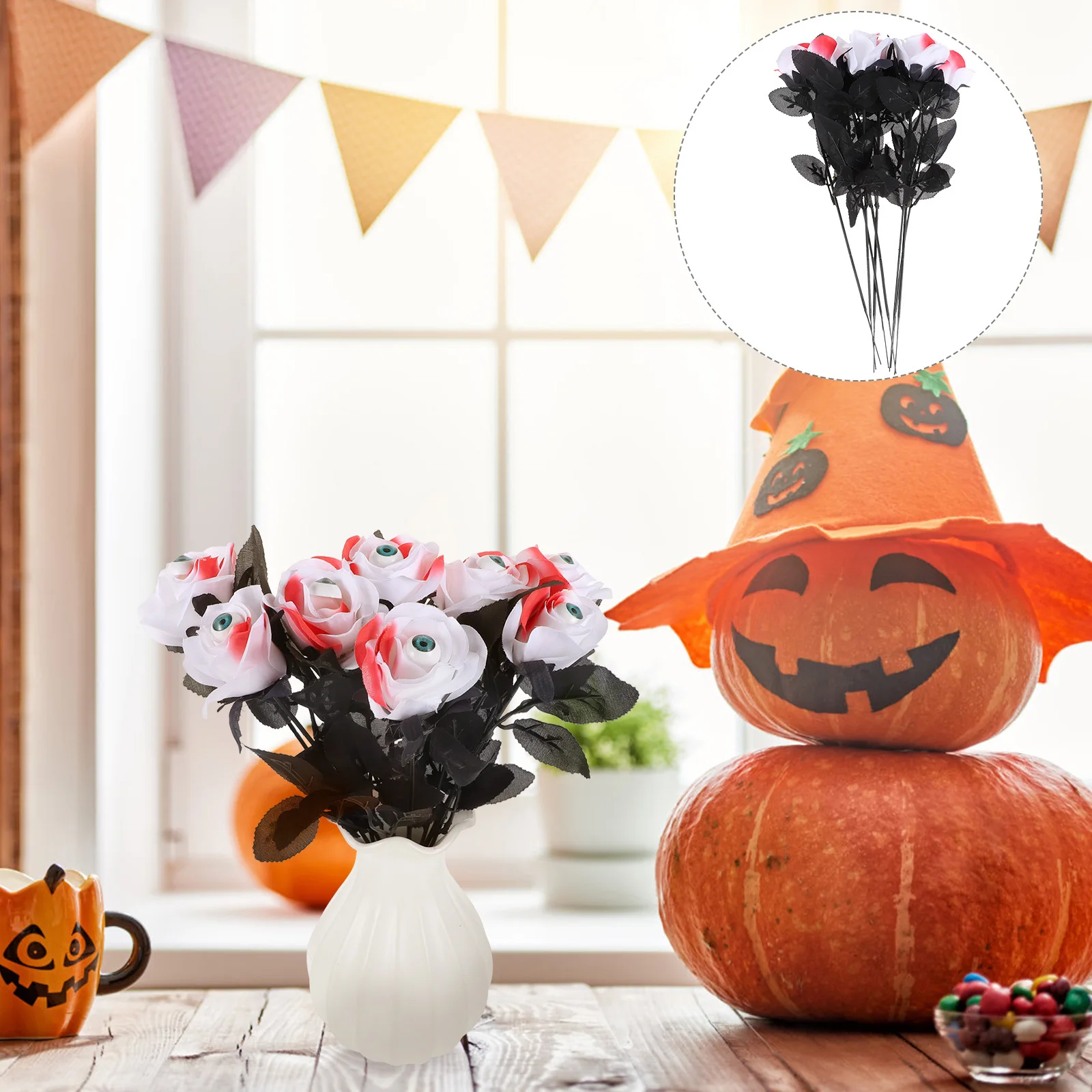 

8Pcs Eyeball Rose Flower Halloween Party Supplies Spooky Decorations for Indoor Layout Creepy Atmosphere Enhancement