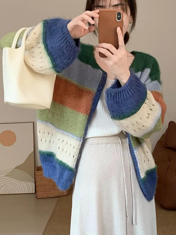 

2026 Spring Lazy New Women's Knitted Sweater Color Blo V-Ne Long Sve Casual Sle Sweet High-End Feel Cardigan Top