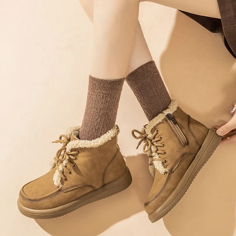 النساء أحذية الثلوج جلد طبيعي الشتاء الأحذية الدانتيل متابعة صوف الضأن الشتاء الدافئ السيدات أحذية جولة تو شقة أحذية بوت قصيرة WSH5243 #6