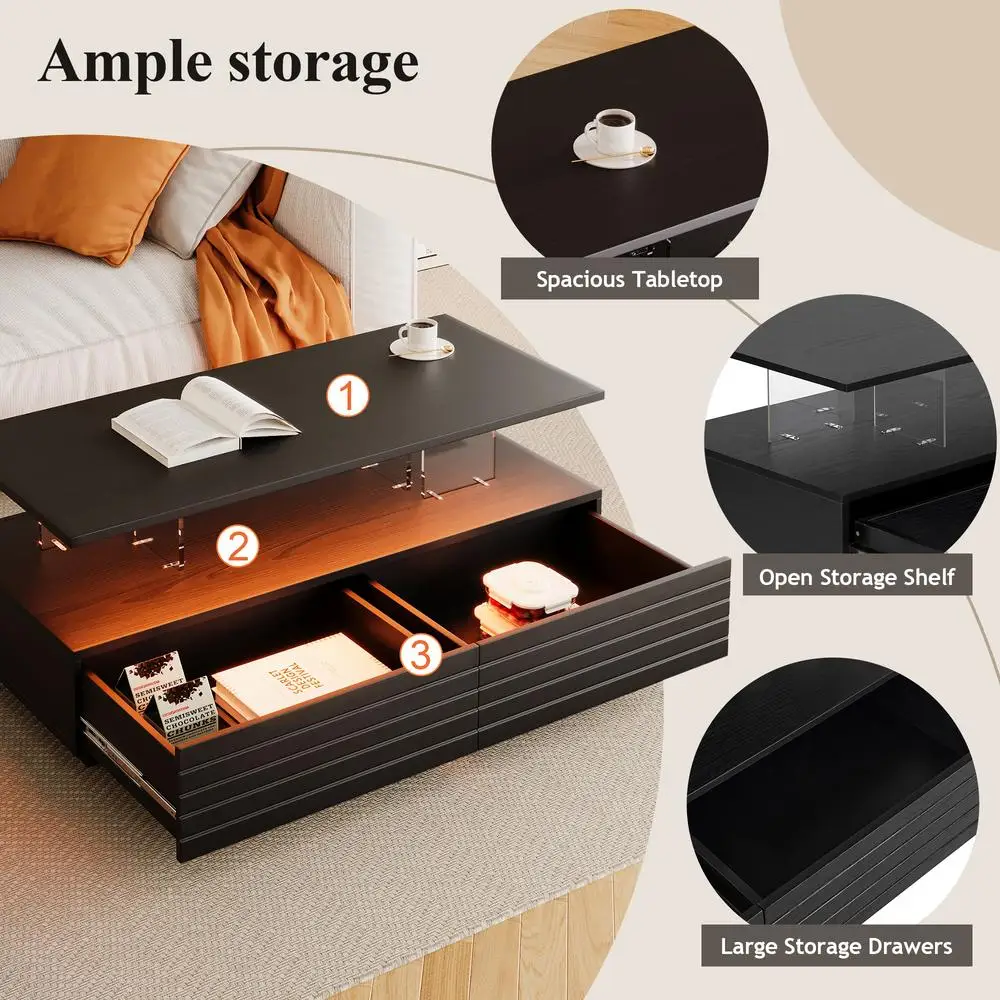 Mesa de centro LED preta moderna Mesa de sala de estar retangular de 2 gavetas de 47,2 polegadas com luzes multicoloridas