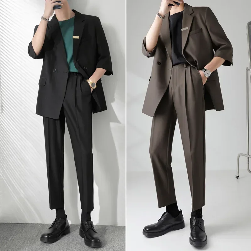 

Korean Fashion Solid Color Casual Men's Suit Three Quarter Sleeve Blazer Formal Suit Jackets Suit Pant Two Piece Set