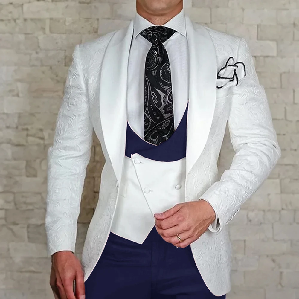 White Jacquard Suits For Men Peak Lapel Business Blazer Wedding Groom Tuxedo Gentleman 3 Piece Jacket Vest Pants Costume Homme