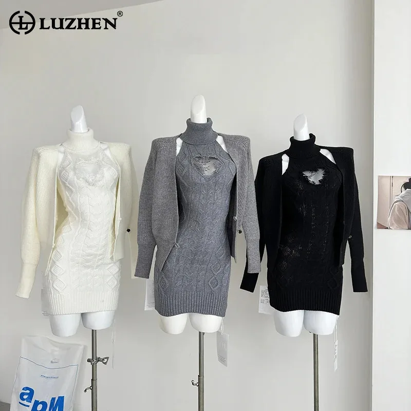 LUZHEN 2024 New Fashion Lace Broken Hole Wornout Design Bodycon Short Dress High Quality Knitted Cardigan Women's Sets AA2136