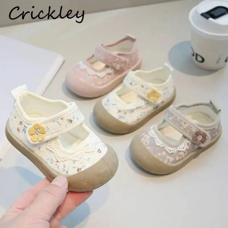 Flowers Pattern Baby Girls Casual Shoes Lace Hook Loop Kids Canvas Shoes Soft Bottom Toddler Children First Walk Shoes
