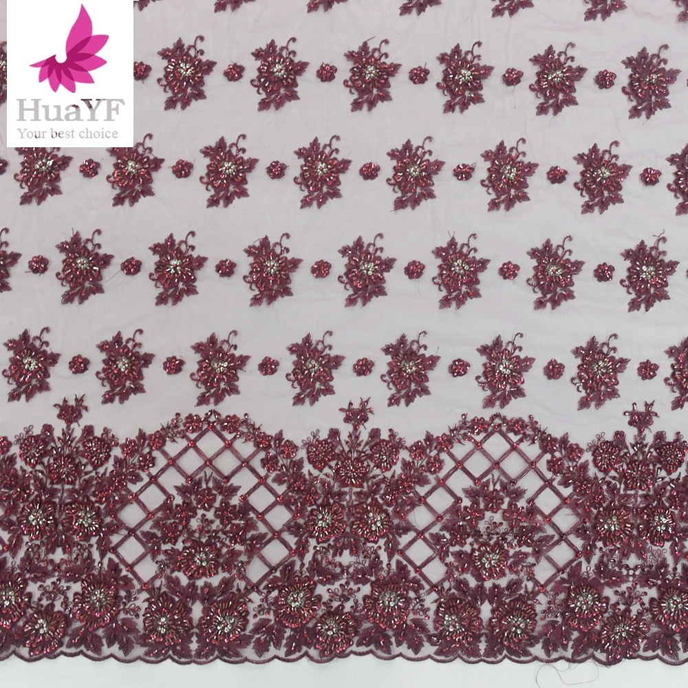 

High Density Wine Red Net Emboridery With Beads Bridal Wedding Tulle Lace Dress Fabric HY1216-2