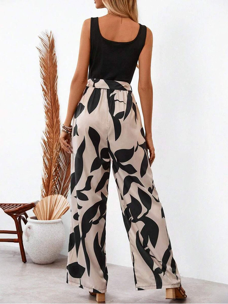 Fashion Casual Women\'s Holiday Printed Color Matching U-neck Vest Loose Wide Leg Jumpsuit