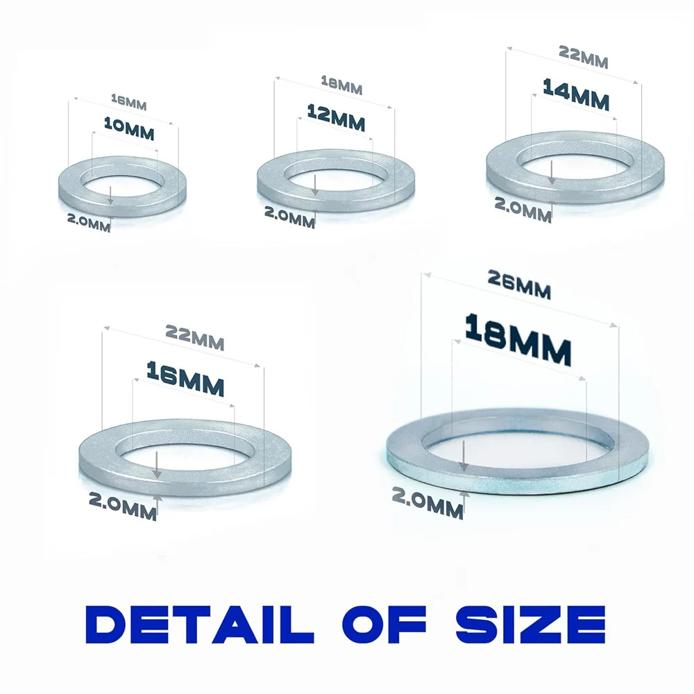 100pcs Aluminum Oil Drain Plug Gasket Set - 5 Sizes (M10, M12, M14, M16, M18) - Crush Washer for Oil Change