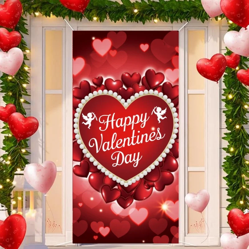 Valentine’s Day Door Cover Banner Front Door Decor Backdrop Romantic Red Love Heart Party Supplies Photo Photography Background