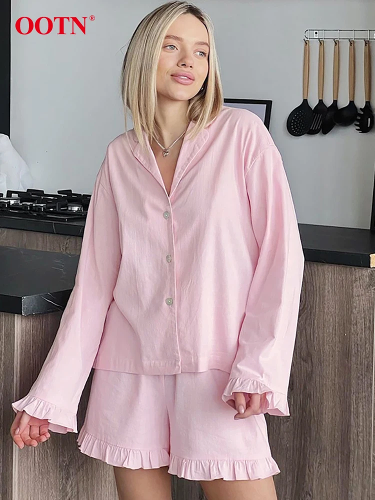 OOTN Casual Pink Shorts Suits Women 2024 Sexy Ruffles Button Up Shirts Elastic Waist Shorts Two Piece Sets Spring Basics Outfits