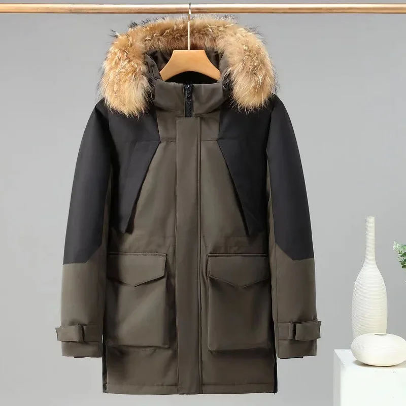 OIMG Parka de invierno para mujer, Parka de piel sintética de longitud media con capucha y bolsillos grandes, repelente al agua a prueba de viento