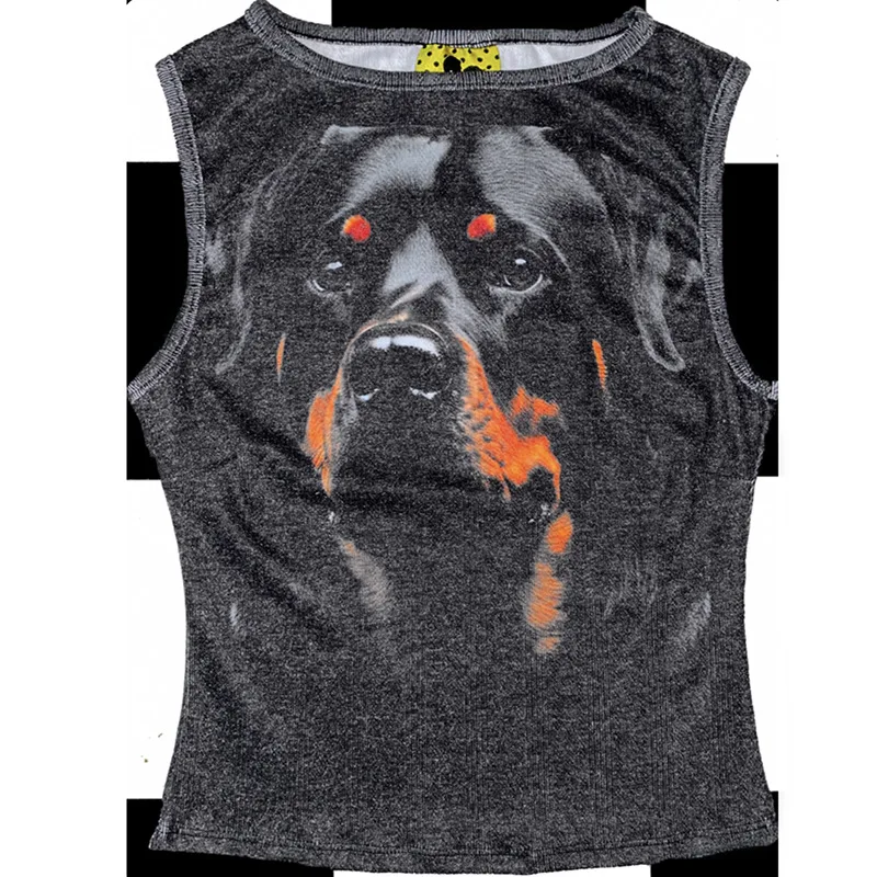 Hound Print Sleeveless Crew Neck Vest Top Women Dark Subculture Streetwear Festival Kardashian Style Slim Fit