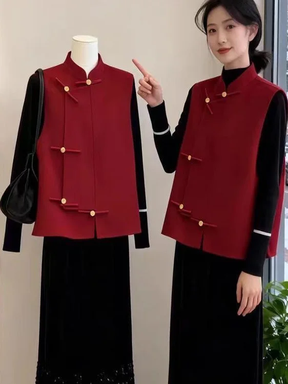 Red New Chinese Style Retro Woolen Vest Women's Autumn Winter Fashion High End Outerwear Sleeveless Top Commute Style