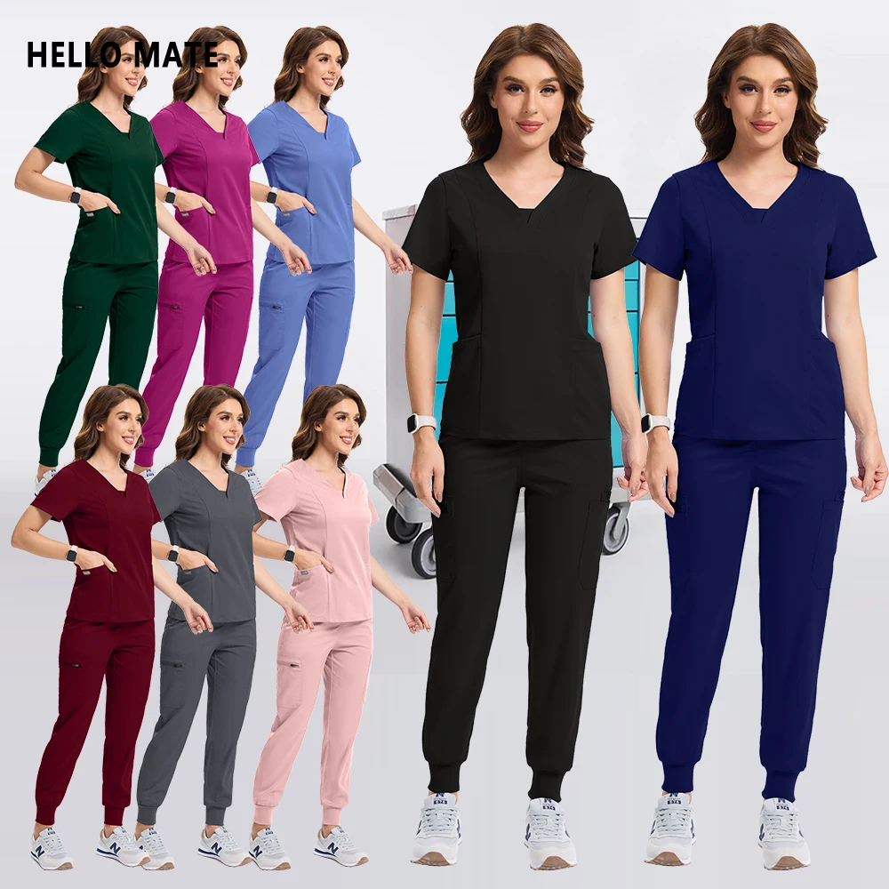 Operating Room Work Clothes Medical Scrubs Nursing Uniform Women Scrub Set Nurse Pocket Top+Pants Suit Beauty Salon Lab Workwear
