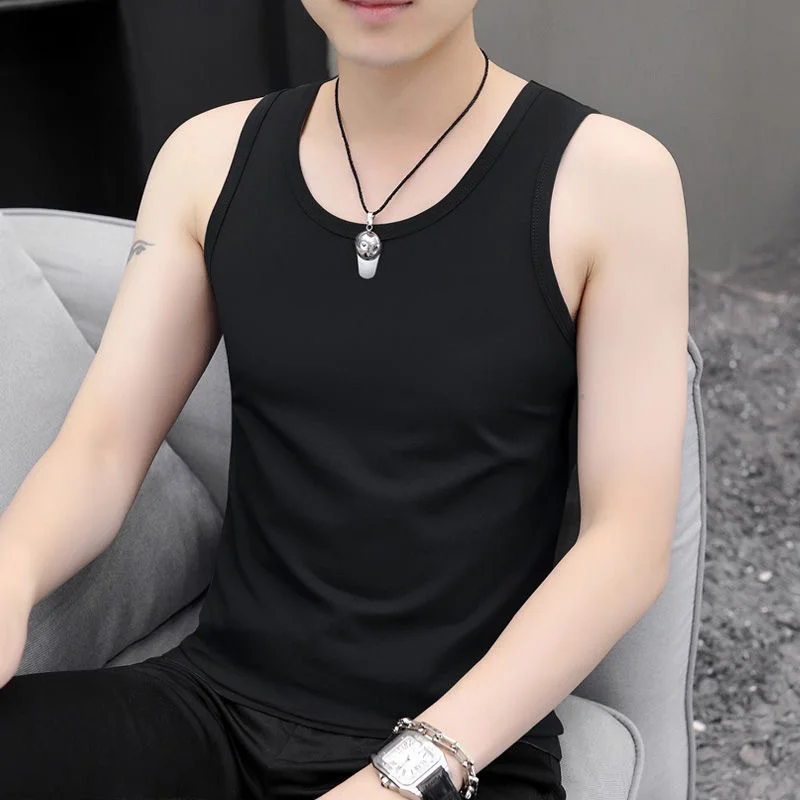 Trendy Versatile Slim Fit Shirt Sleeve Men Vest Pure Color Base Layer Casual Sportswear Young People Summer Edition