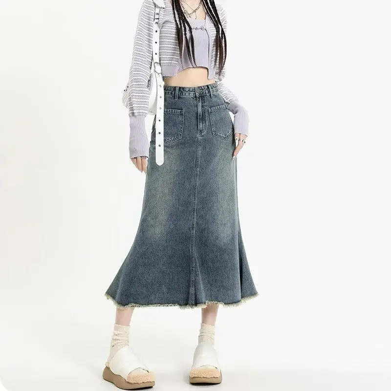 High Waisted Retro Denim Skirt For Women New Niche Design Fishtail Skirt Mid Length A-Line Denim Skirt