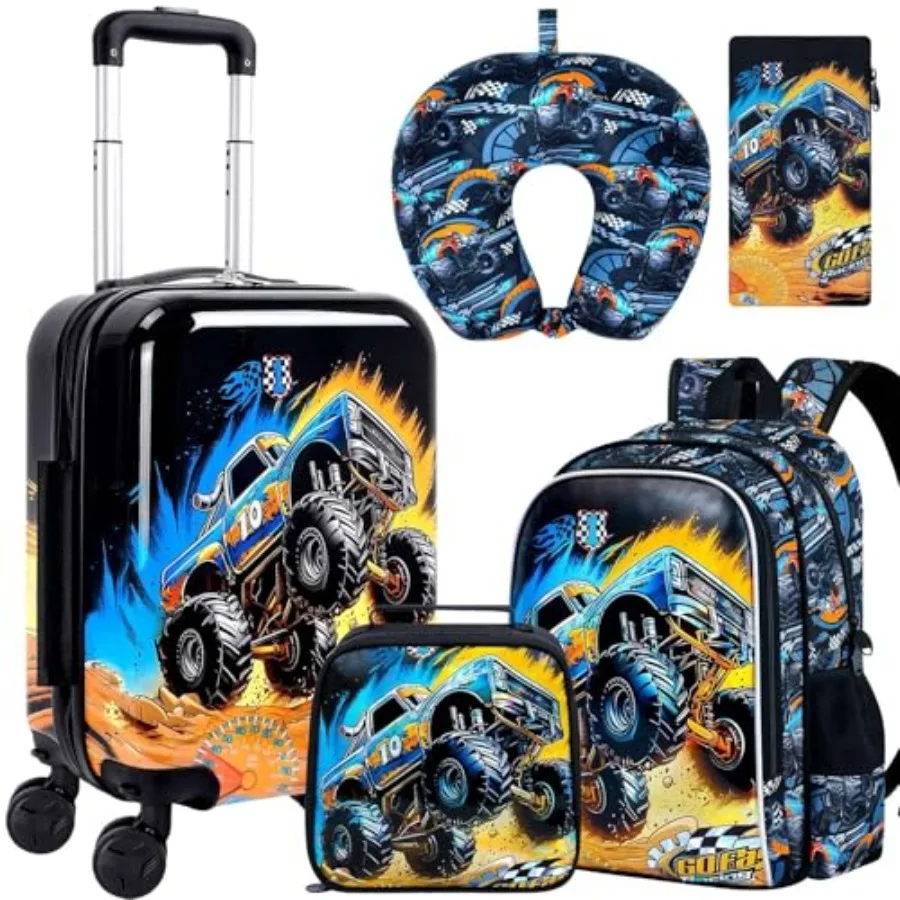 

5Pcs Suitcase Set for Boys, 16.5" Hardside Luggage with Spinner Wheels, Truck Travel Carry on Luggage Airline Approved Black