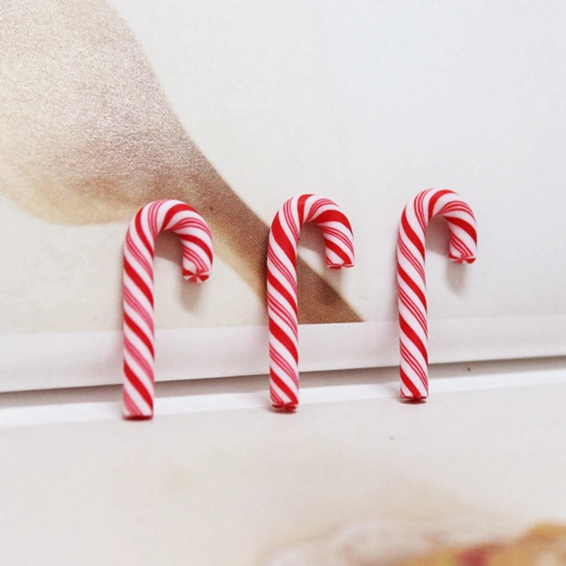 10PCS Christmas Red Cane Soft Pottery Jewelry Accessories New Year Candy Cane Home Decoration