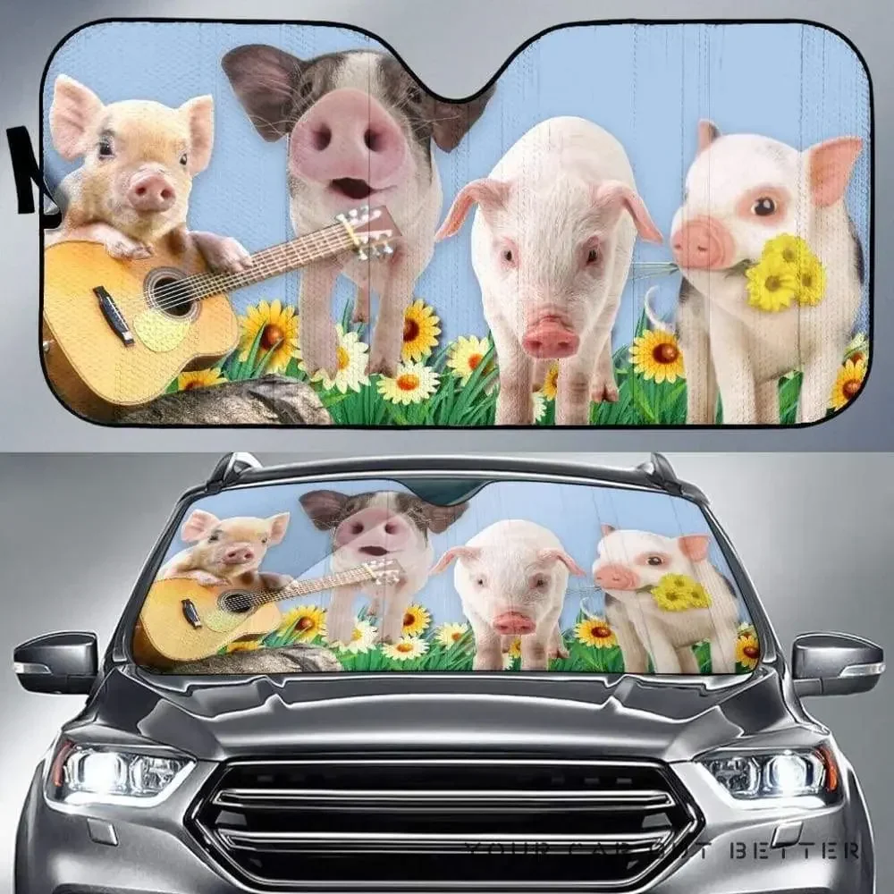 Funny Pigs Playing Guitar in Sunflower Garden Image Print Car Sunshade, Cute Pigs with Guitar in Sunflowers Field Auto Sun Shade