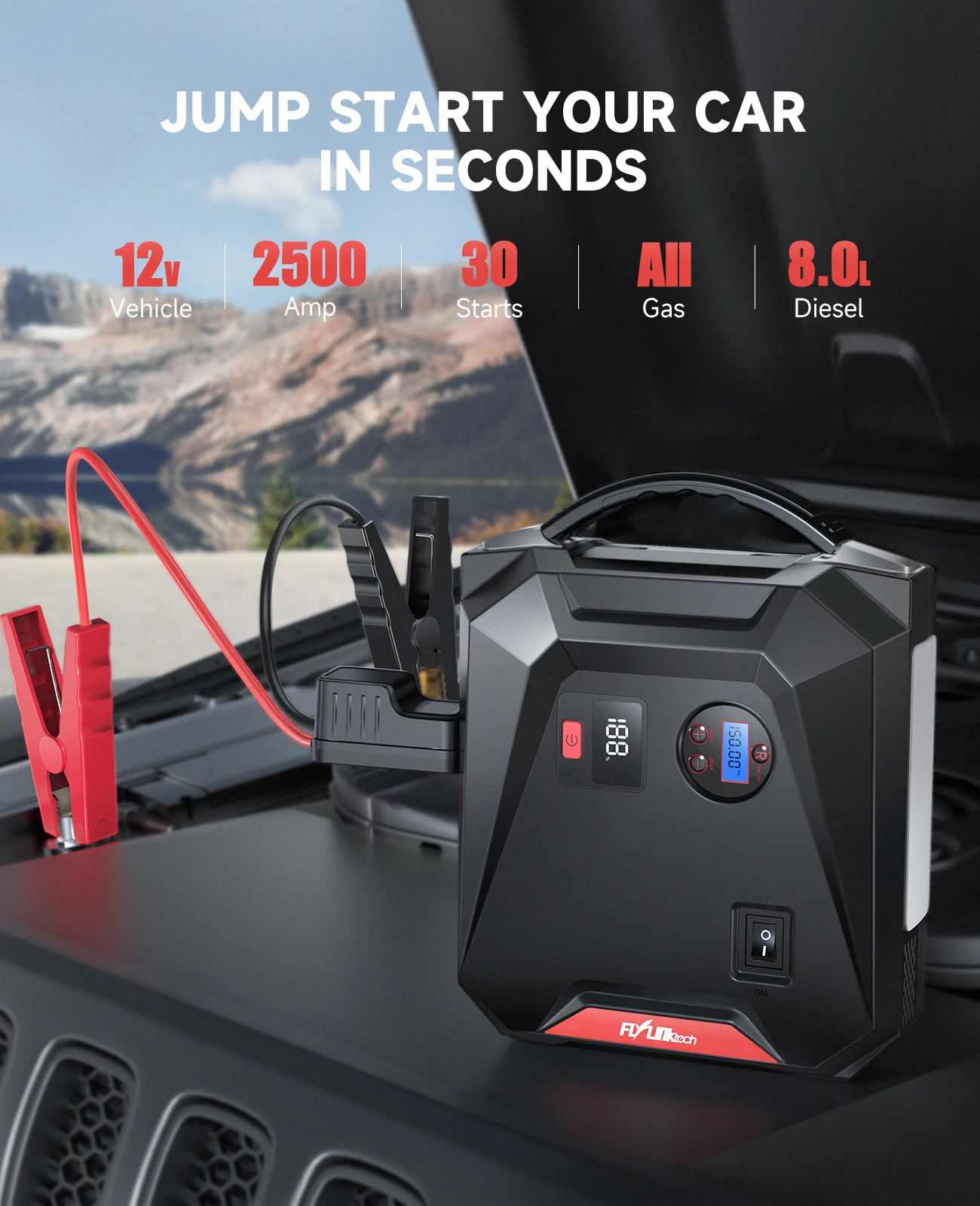 FLYLINKTECH 4 In 1 2500A Car Jump Starter Power Bank 24000mAh Car Emergency Boosters with 8 Protection System Smart Clamps