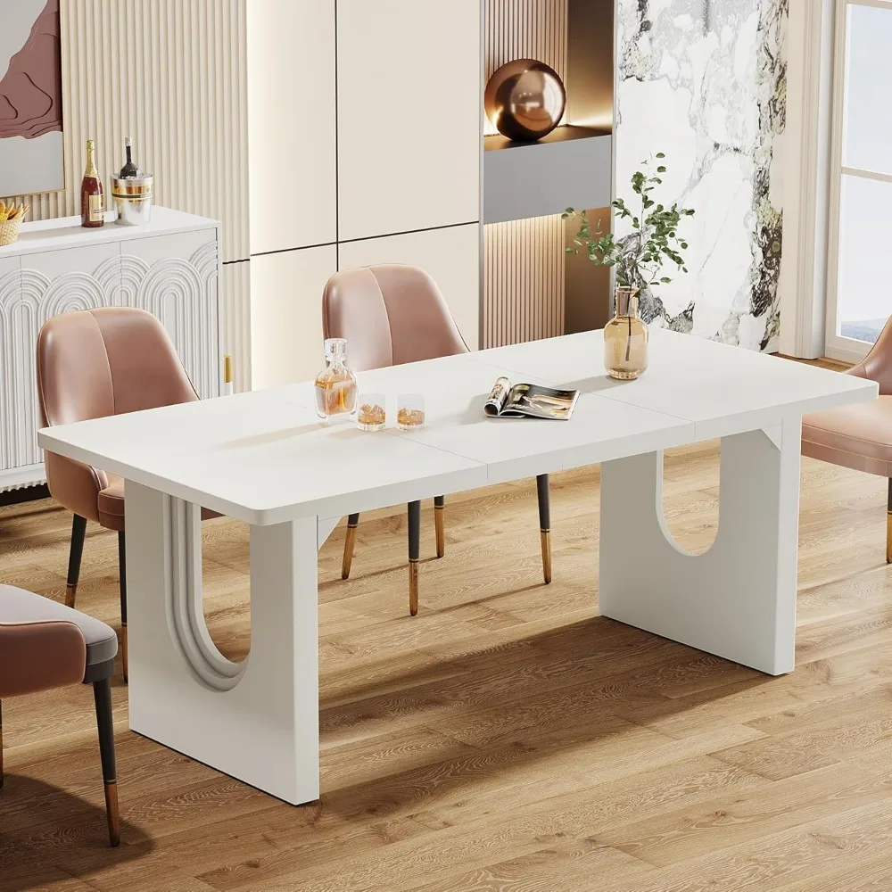 

Modern Dining Table for 6 to 8 People, 71" Large Kitchen Dining Table with Wood Pedestal Base, Rectangular Long Dinner Table fo